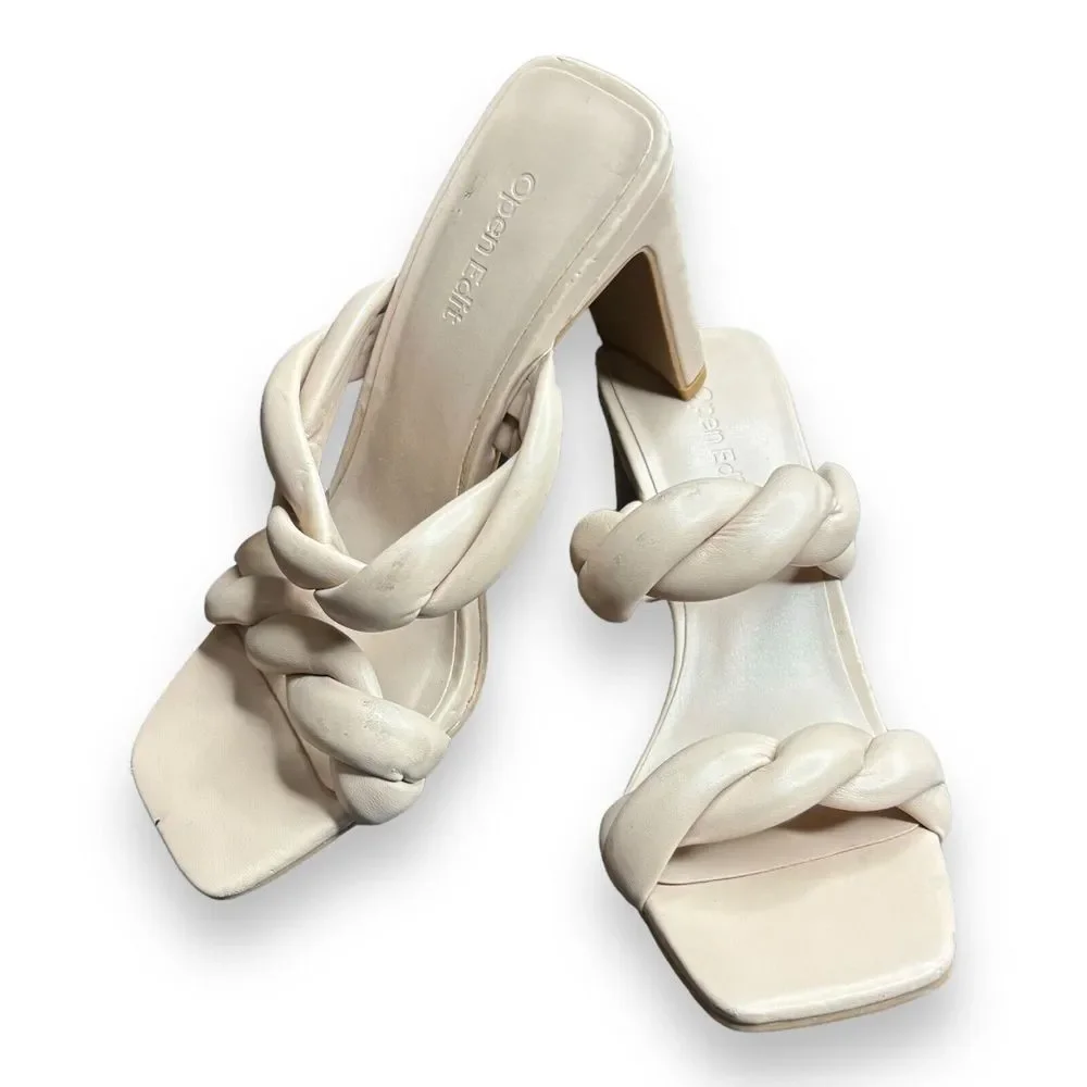 Open Edit Sandals Womens Size 6 Cream‎ Braided Double Strap Slip On Heels